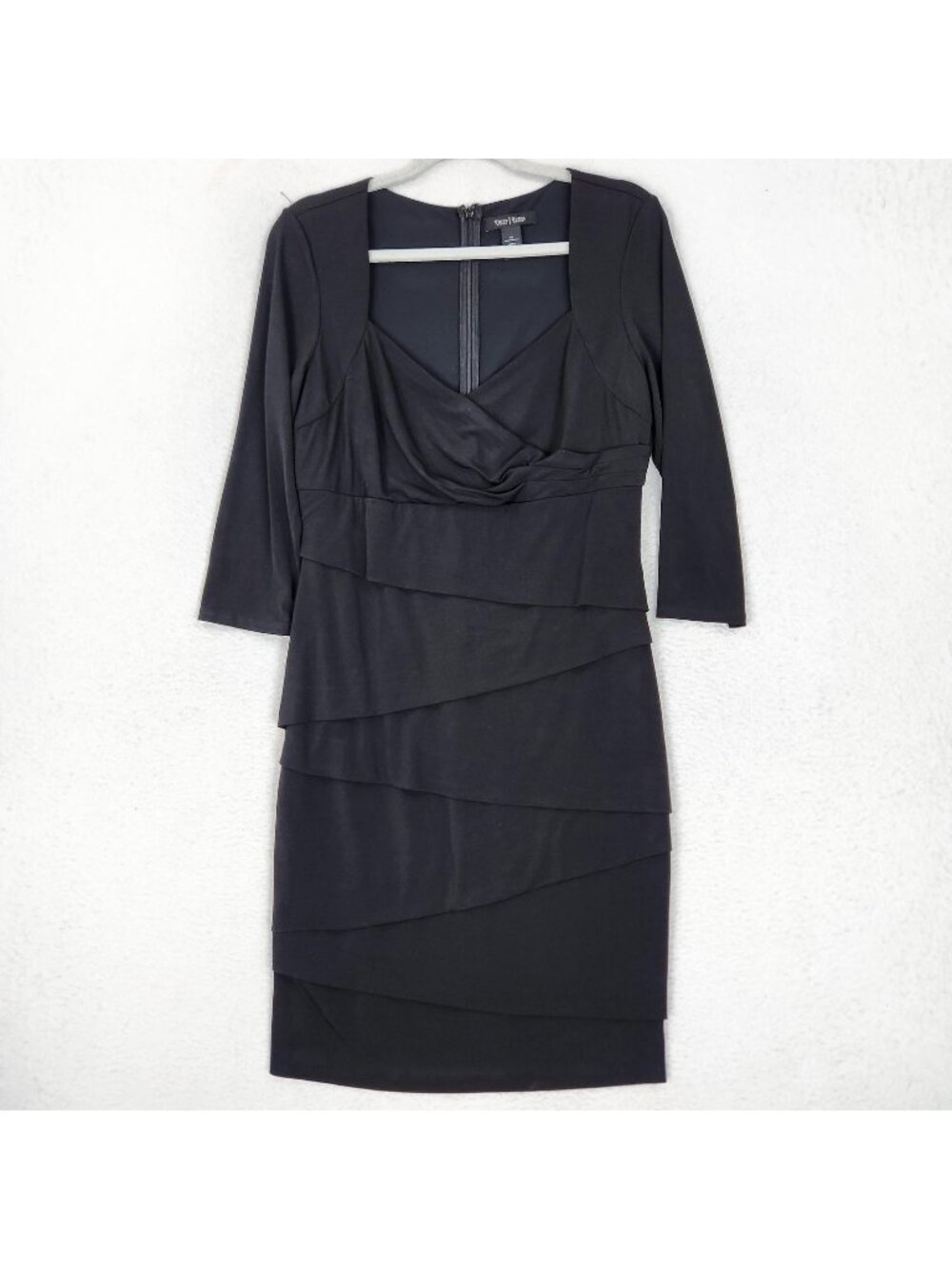WHBM Dress Womens 14 Black Ruched Sheath 3/4 Sleeve V Neck Tiered Career Classic
